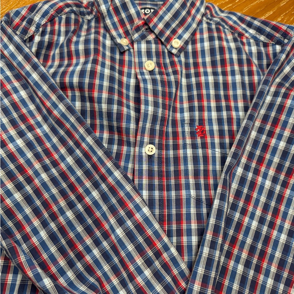 Izod button down boys size 10 White, Blue and Red Checkered Button Down Shirt